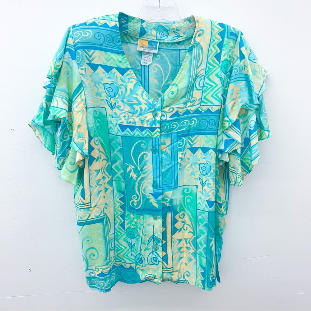 Vintage 1980s SeaSuns ruffle sleeve print oversized blouse